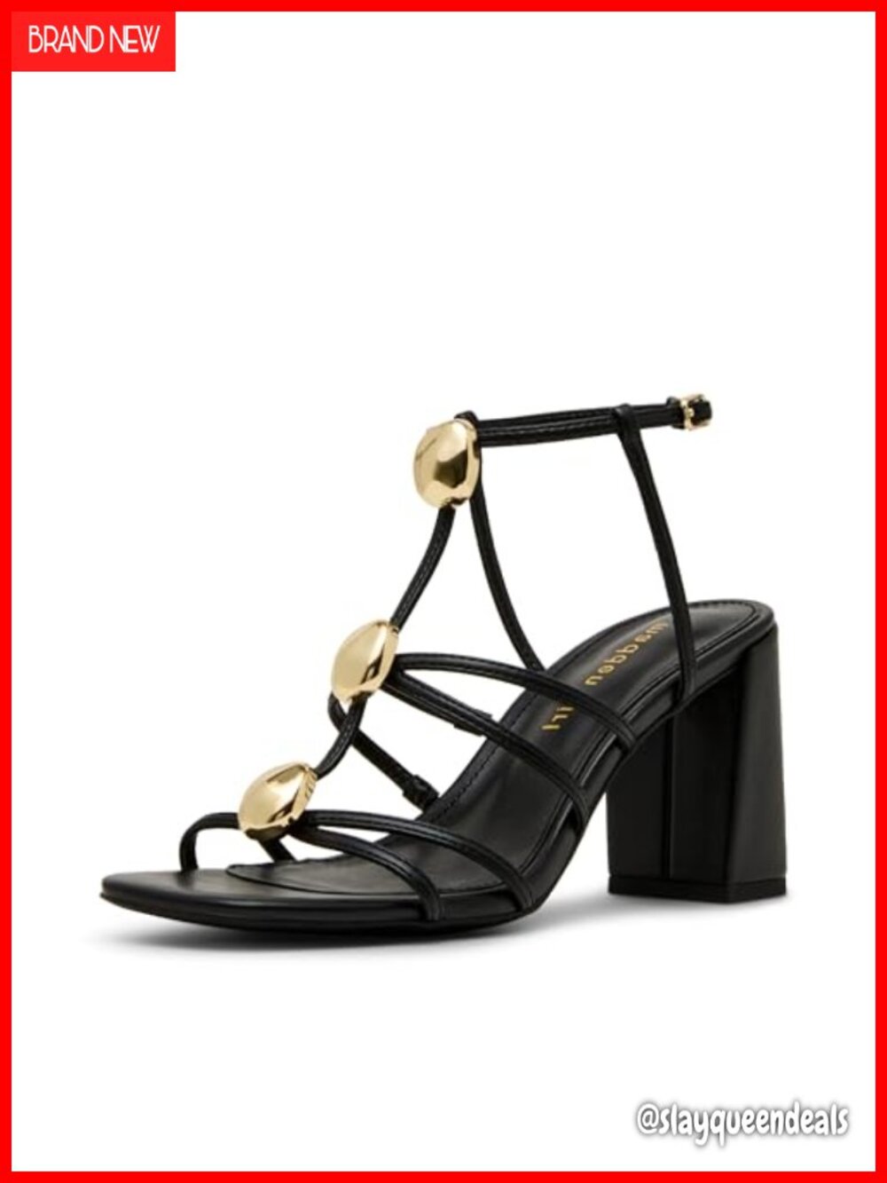 Strappy Heeled Sandal with Oval Motif, Block Heel, Buckle Closure